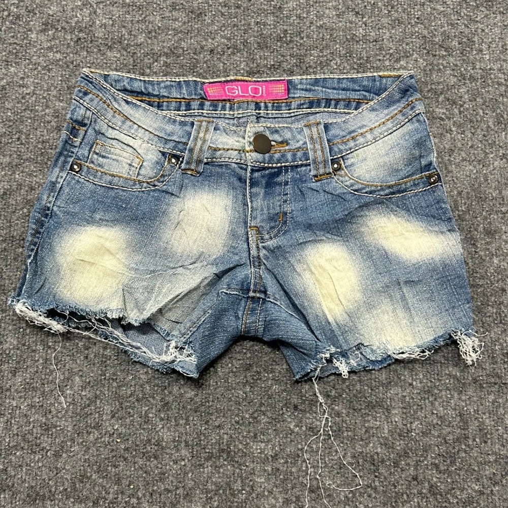 GLO Jeans Denim Shorts Womens Size 1 Blue Cut Off Low Rise Y2K Faded Raw Hem